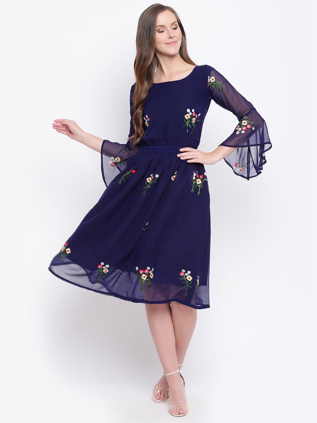 

PRENEA Floral Embroidered Georgette Midi Dress, Blue