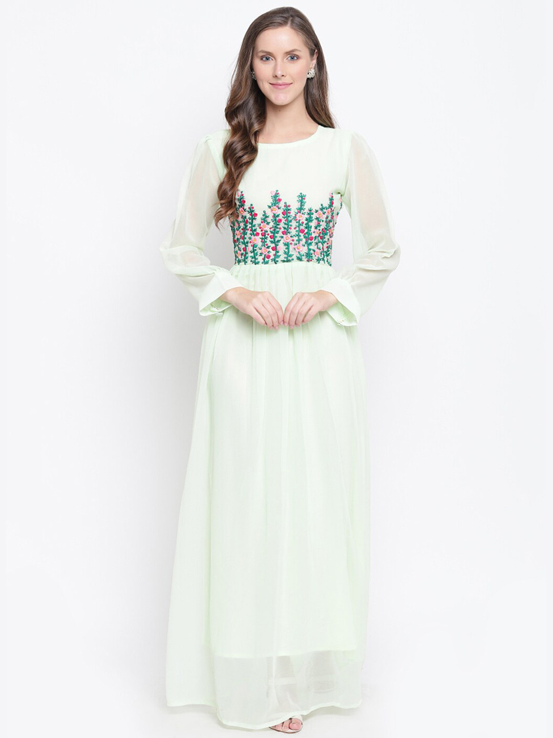 

PRENEA Floral Embroidered Georgette Maxi Dress, Lime green