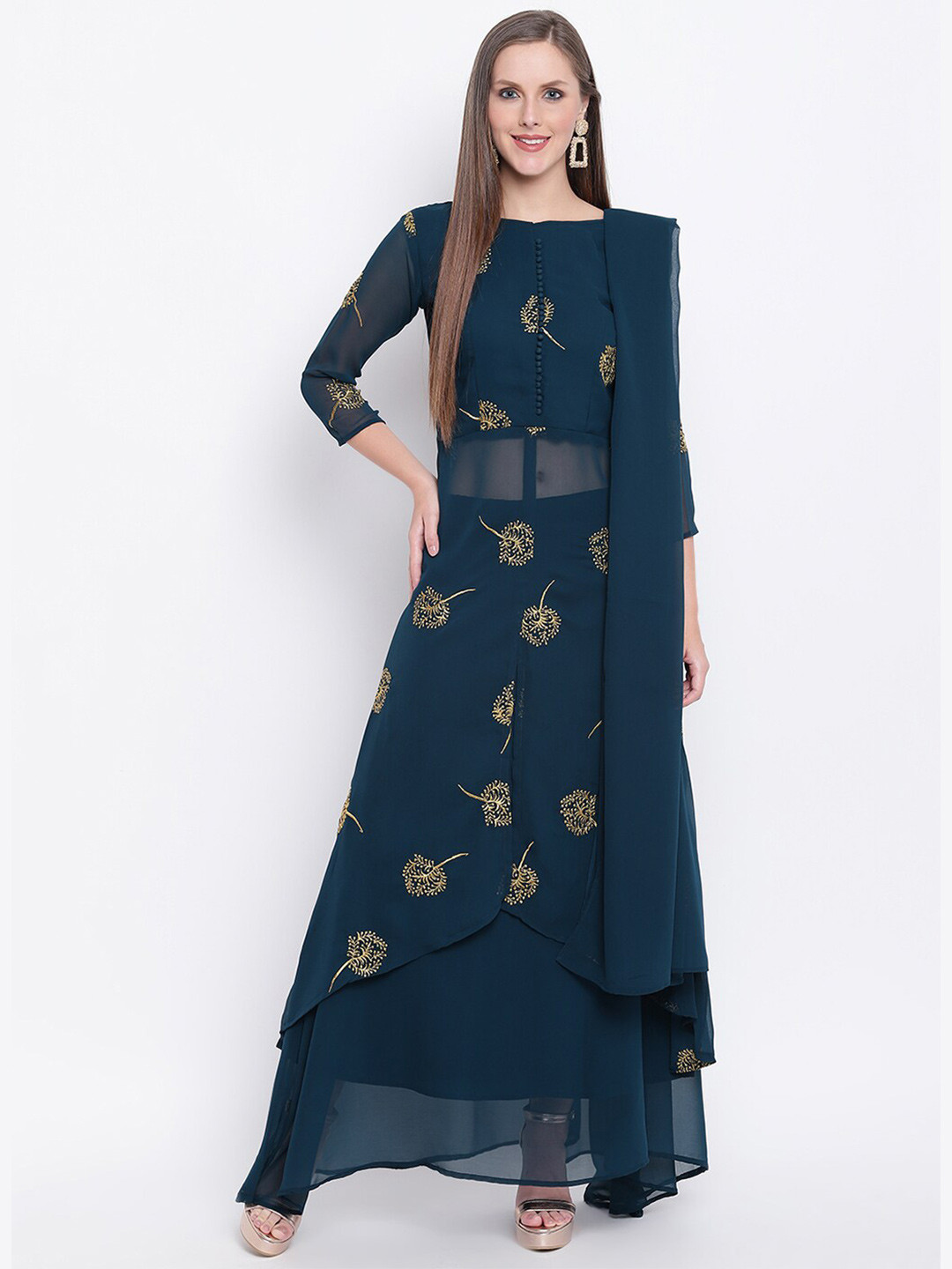 

PRENEA Women Floral Embroidered Kurta with Skirt & With Dupatta, Turquoise blue