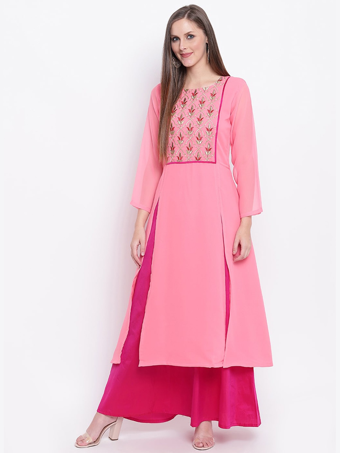 

PRENEA Women Embroidered Georgette Kurta, Pink