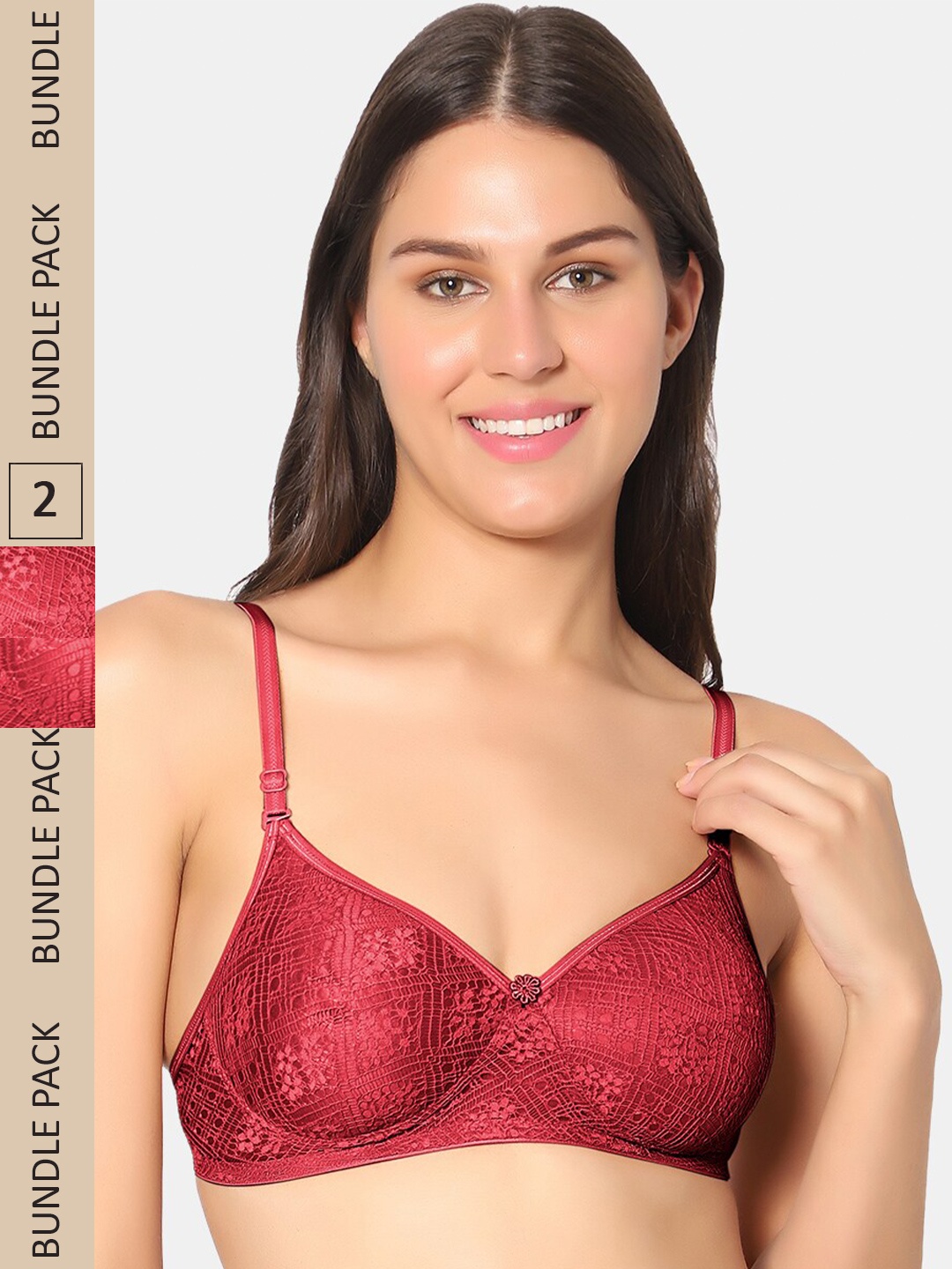 

Sonari Pack Of 2 Self Design Lightly Padded Non-Wired Bra, Maroon