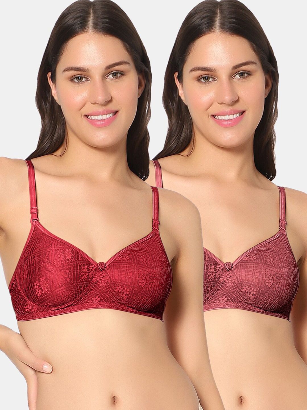 

Sonari Pack Of 2 Self Design Lightly Padded Non-Wired Bra, Maroon