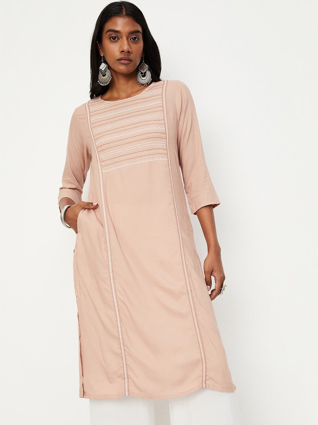 

max Round Neck Quirky Yoke Design Thread Work Kurta, Beige