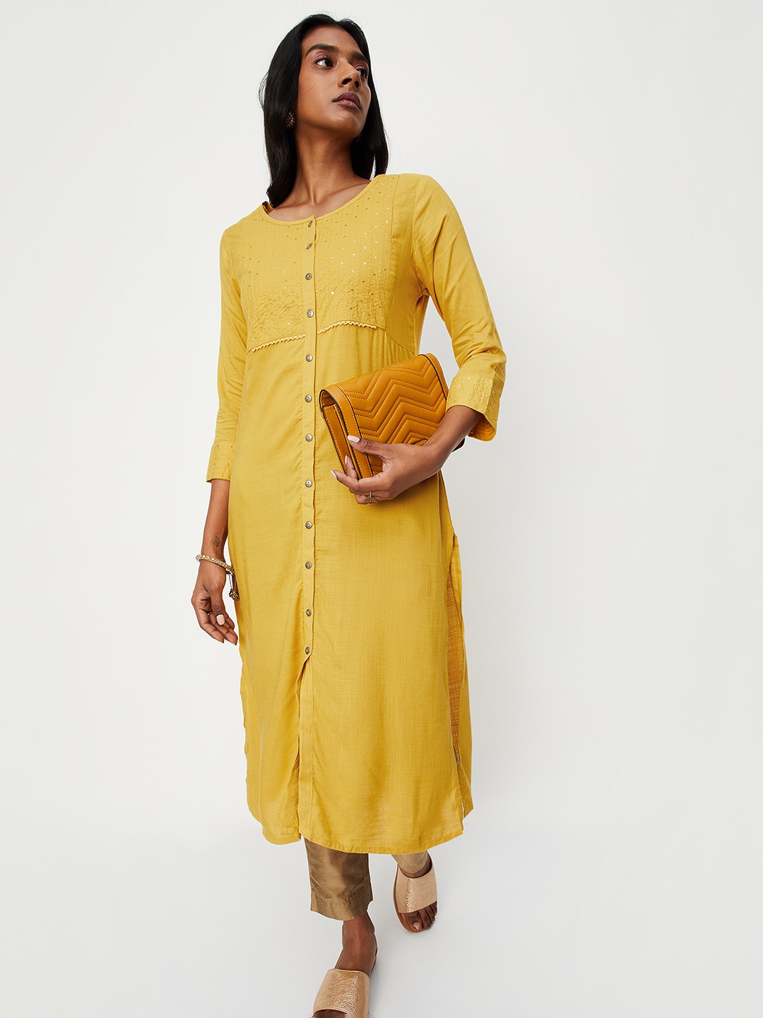 

max Round Neck Sequined Detailed Regular Fit Kurta, Mustard