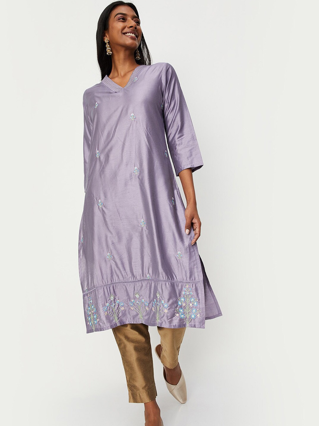 

max Floral Embroidered Thread Work V-Neck Straight Kurta, Violet