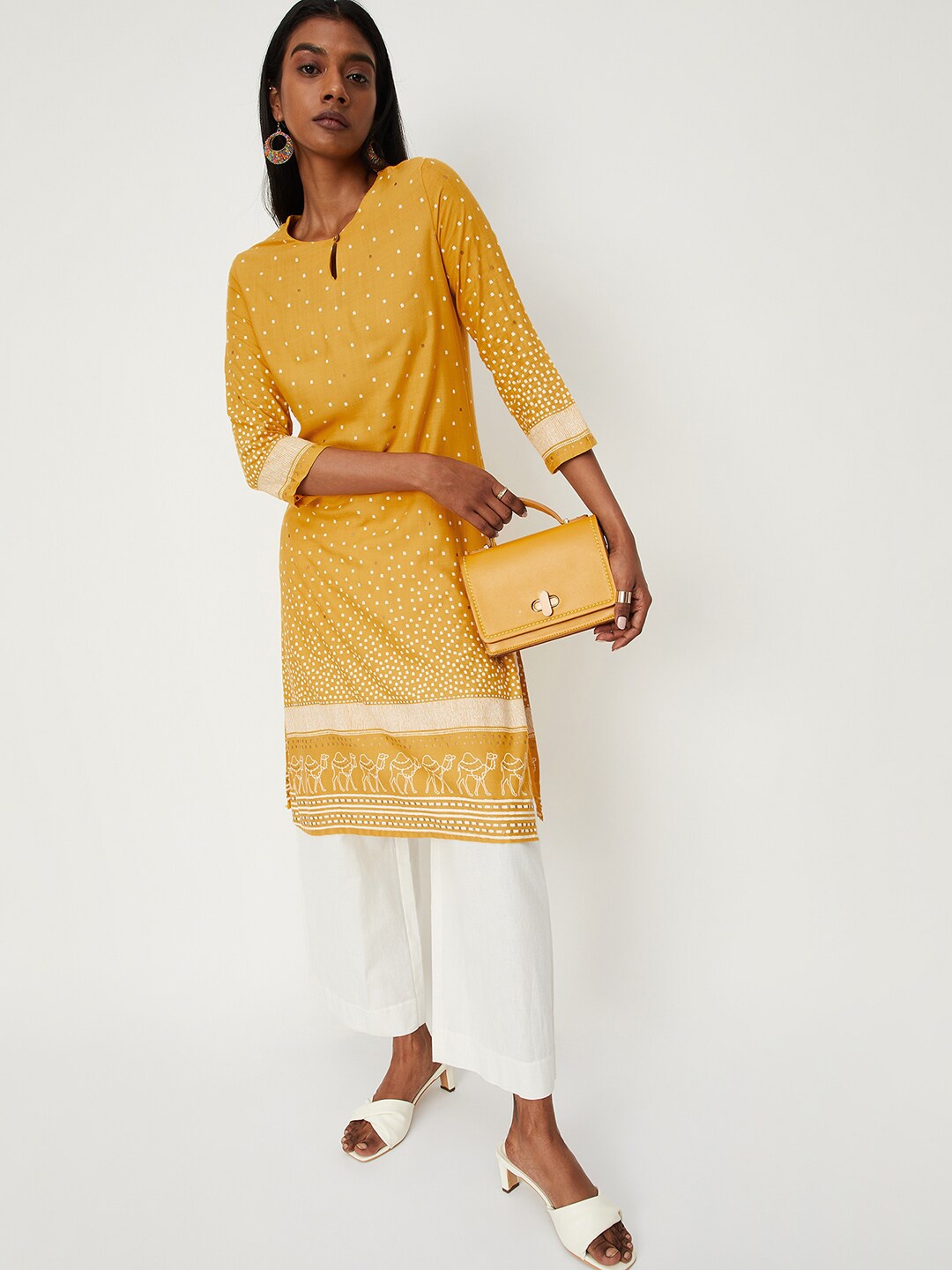 

max Abstract Printed Keyhole Neck Kurta, Mustard