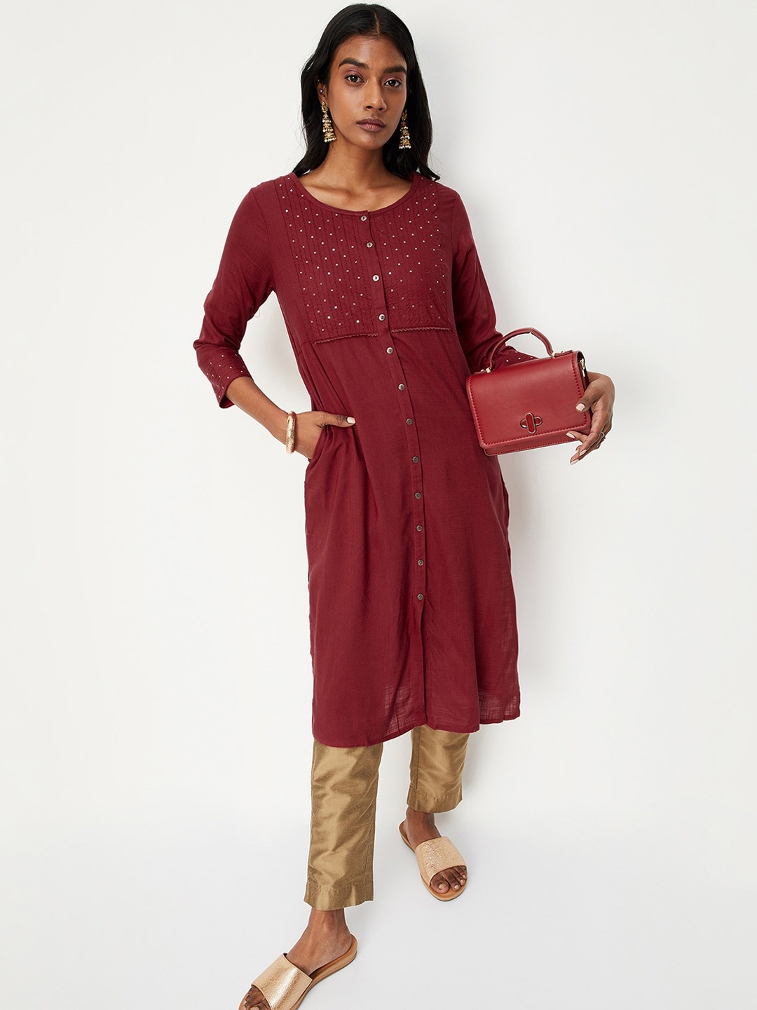 

max Embroidered Thread Work A-Line Kurta, Red