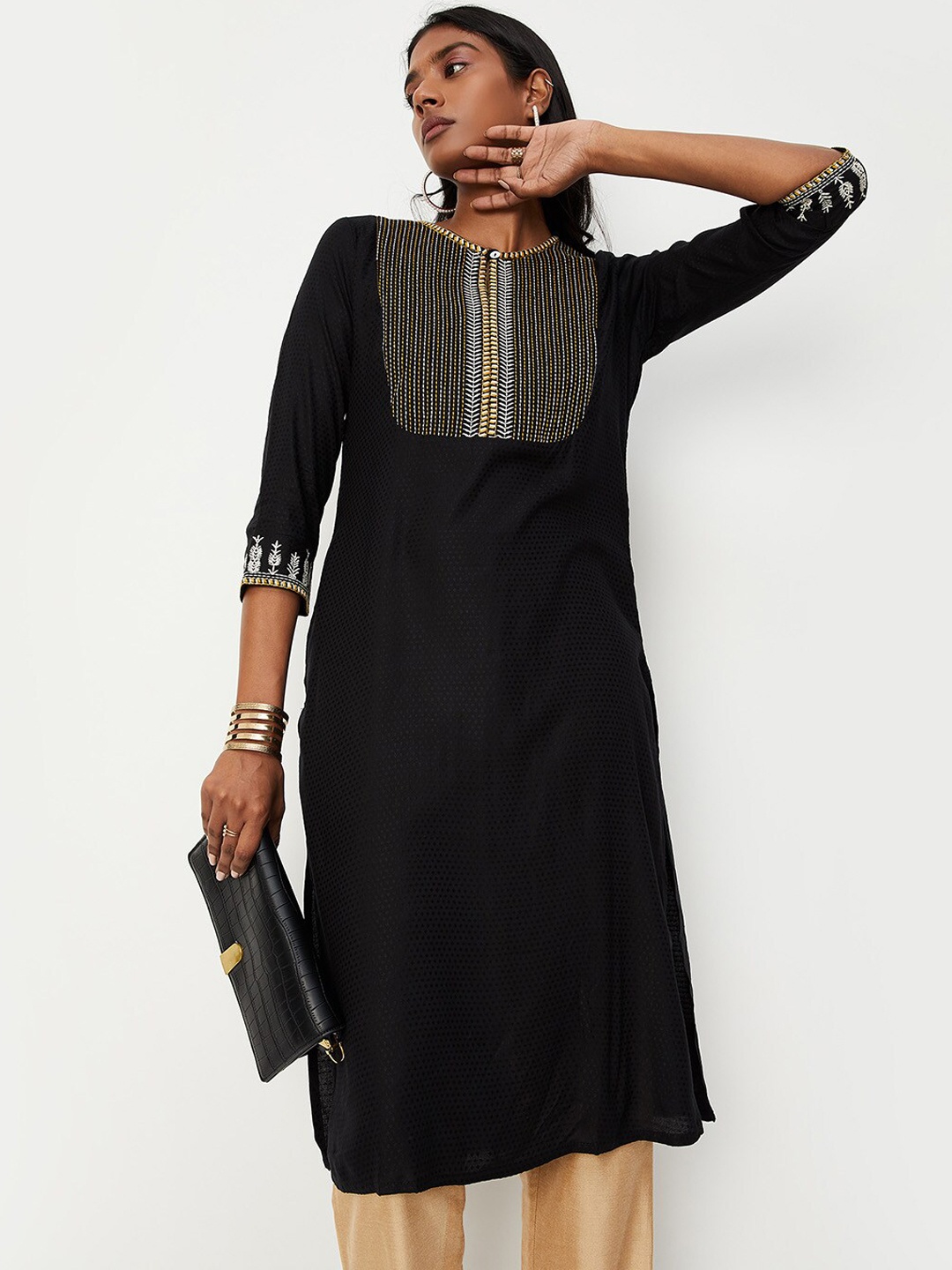 

max Floral Embroidered Thread Work A-Line Kurta, Black
