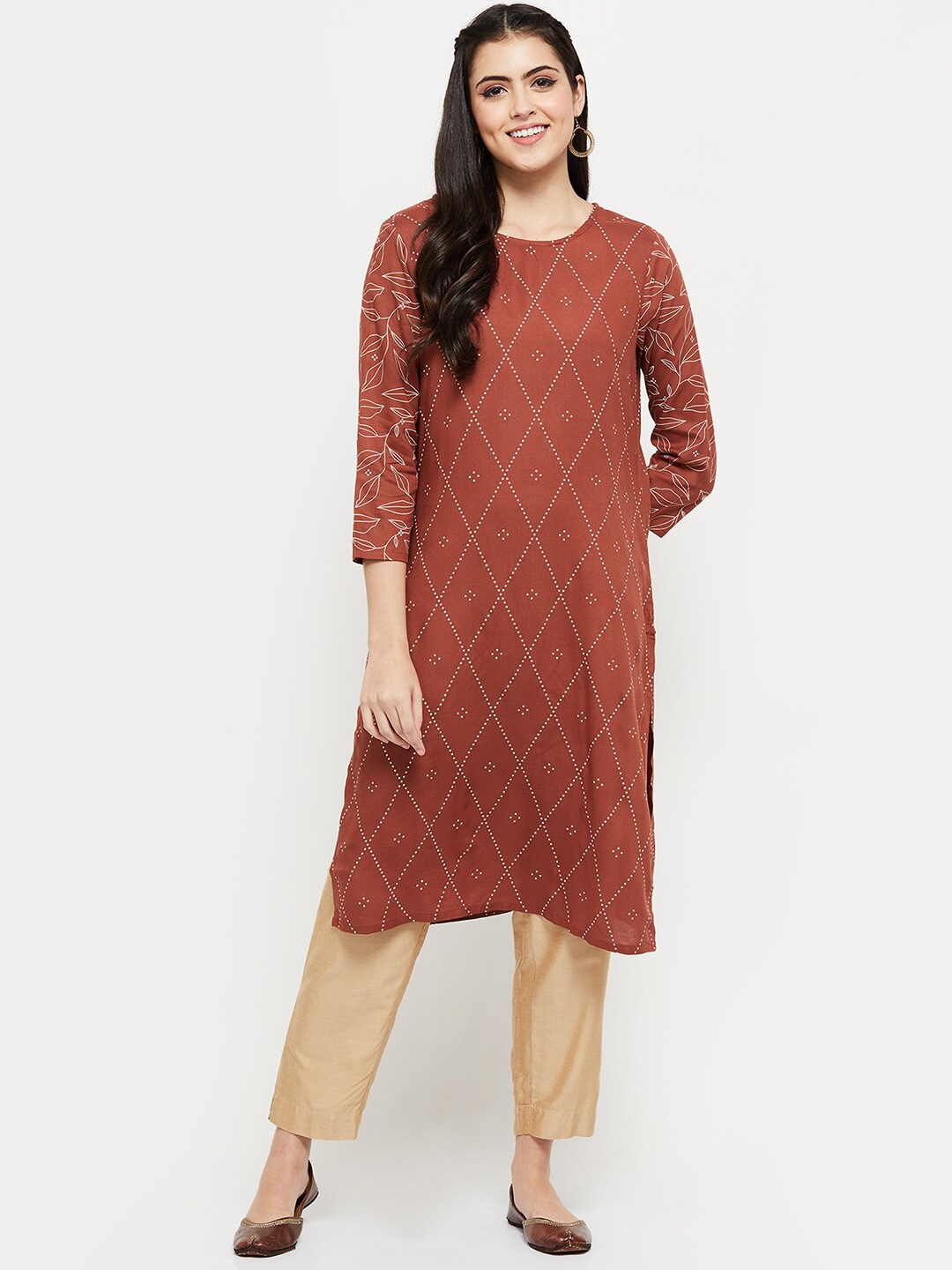 

max Ethnic Motifs Printed Straight Knee Length Kurta, Rust