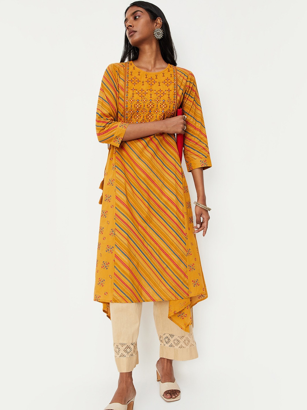 

max Striped Thread Work Asymmetric Cotton Kurta, Mustard