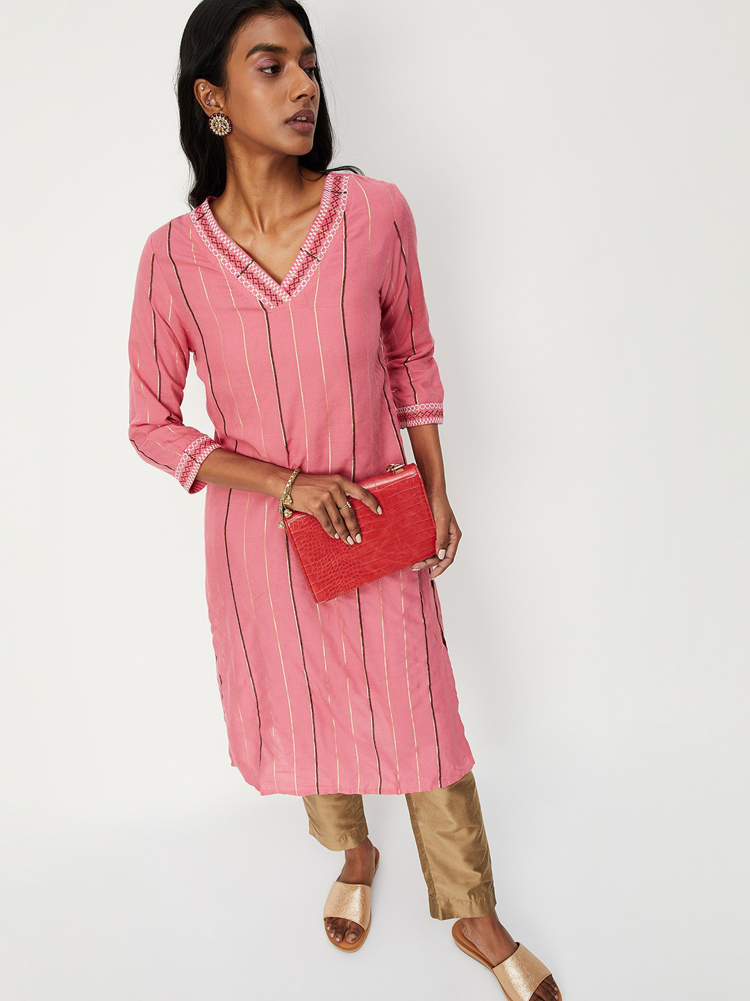 

max V-Neck Striped Thread Work Straight Cotton Kurta, Pink