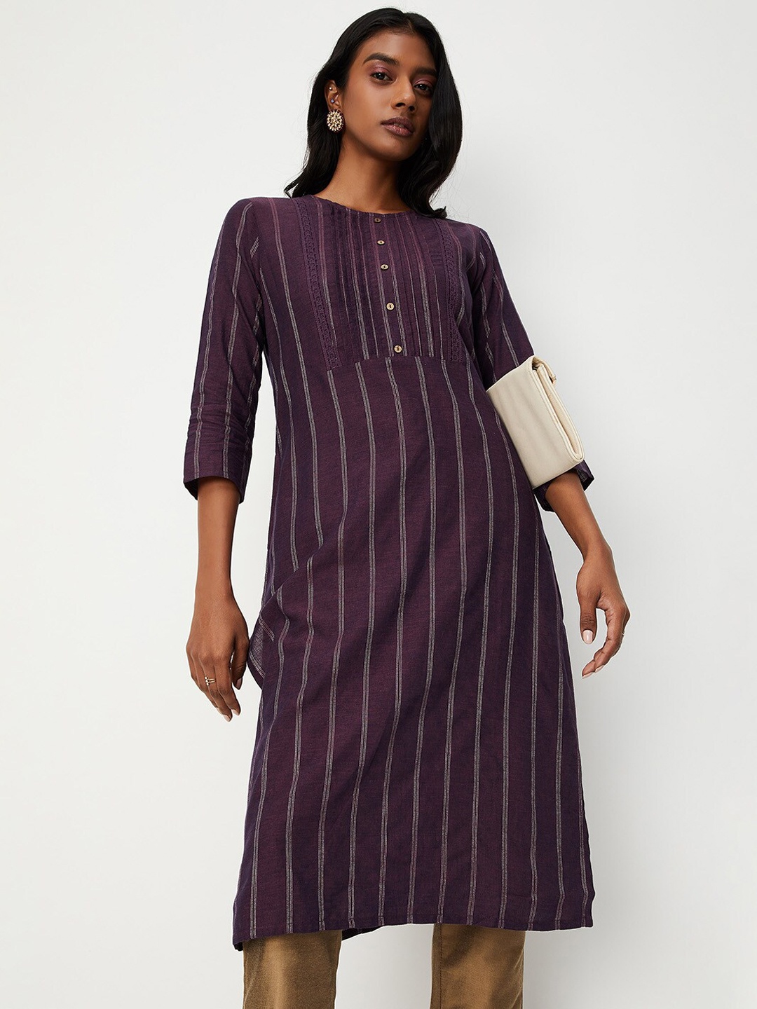 

max Striped Regular Knee Length Cotton Kurta, Purple