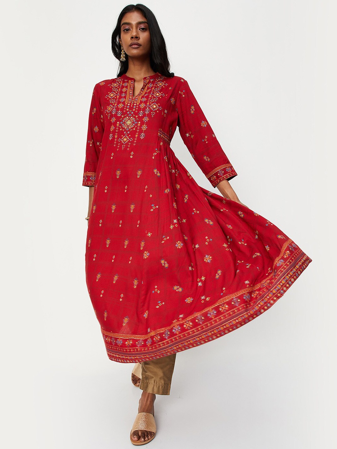 

max Ethnic Motifs Printed Anarkali Band Collar Kurta, Red