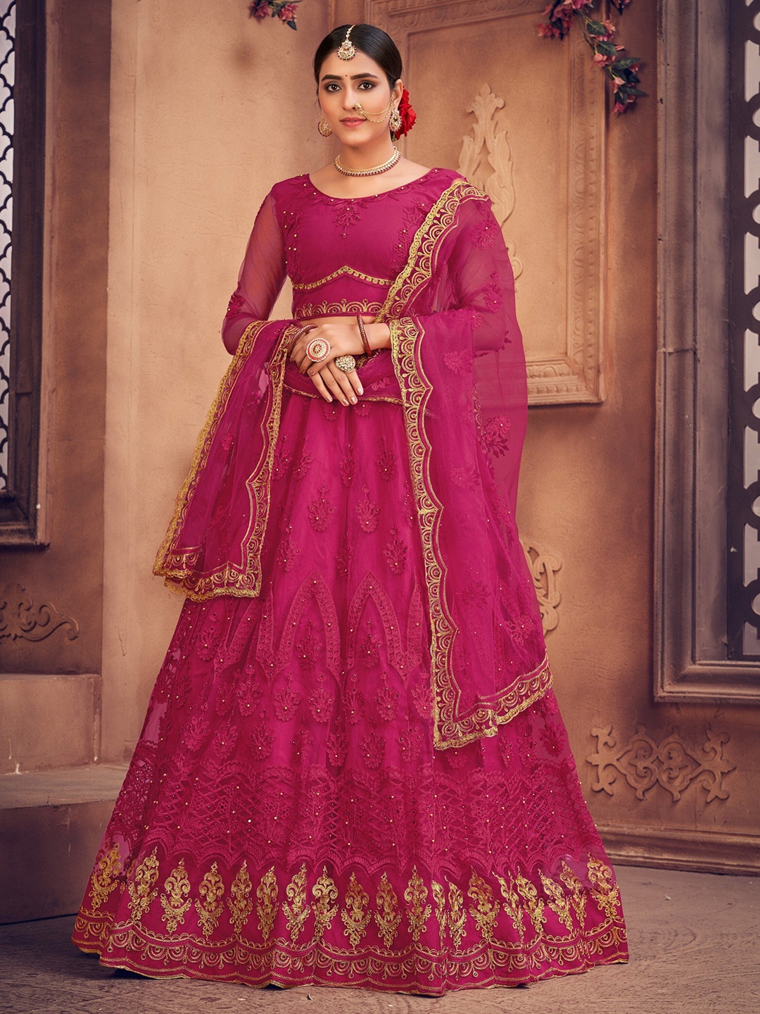 

Atsevam Embroidered Thread Work Semi-Stitched Lehenga & Unstitched Blouse With Dupatta, Pink