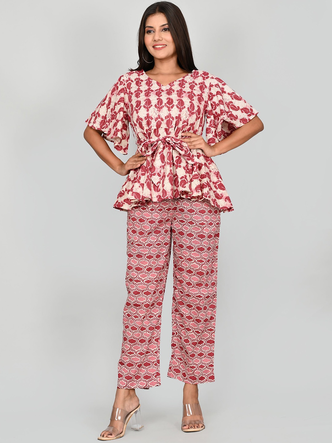 

Kesarya Women Printed Pure Cotton Top with Trousers, Maroon