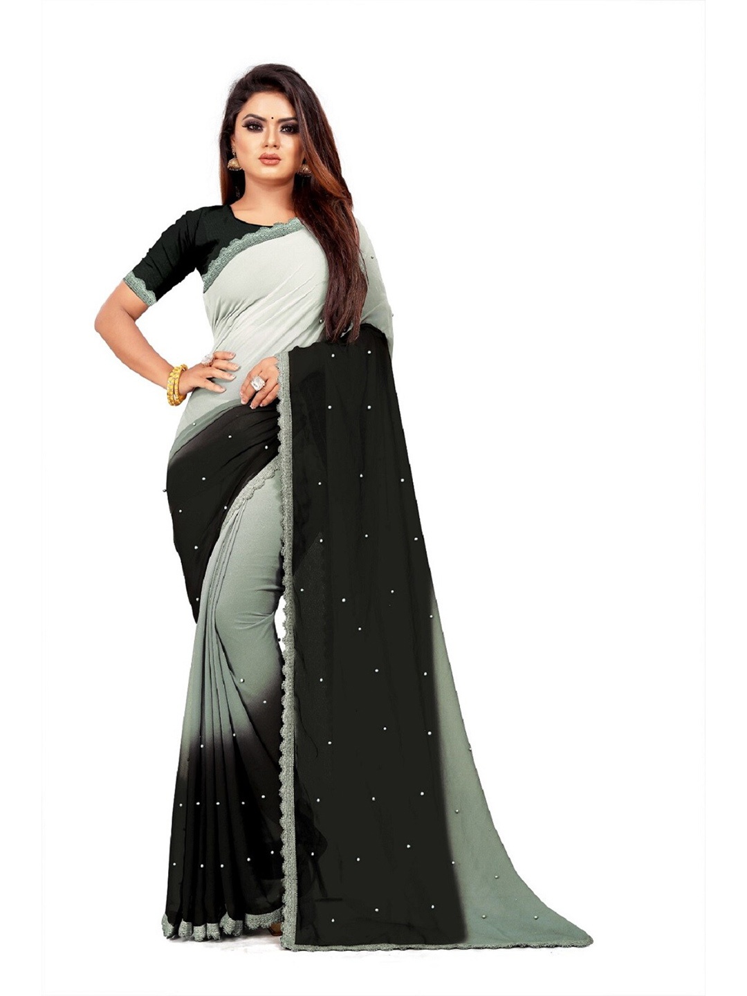 

Vrundavan ethics Colourblocked Embroidered Pure Georgette Leheriya Saree, Grey