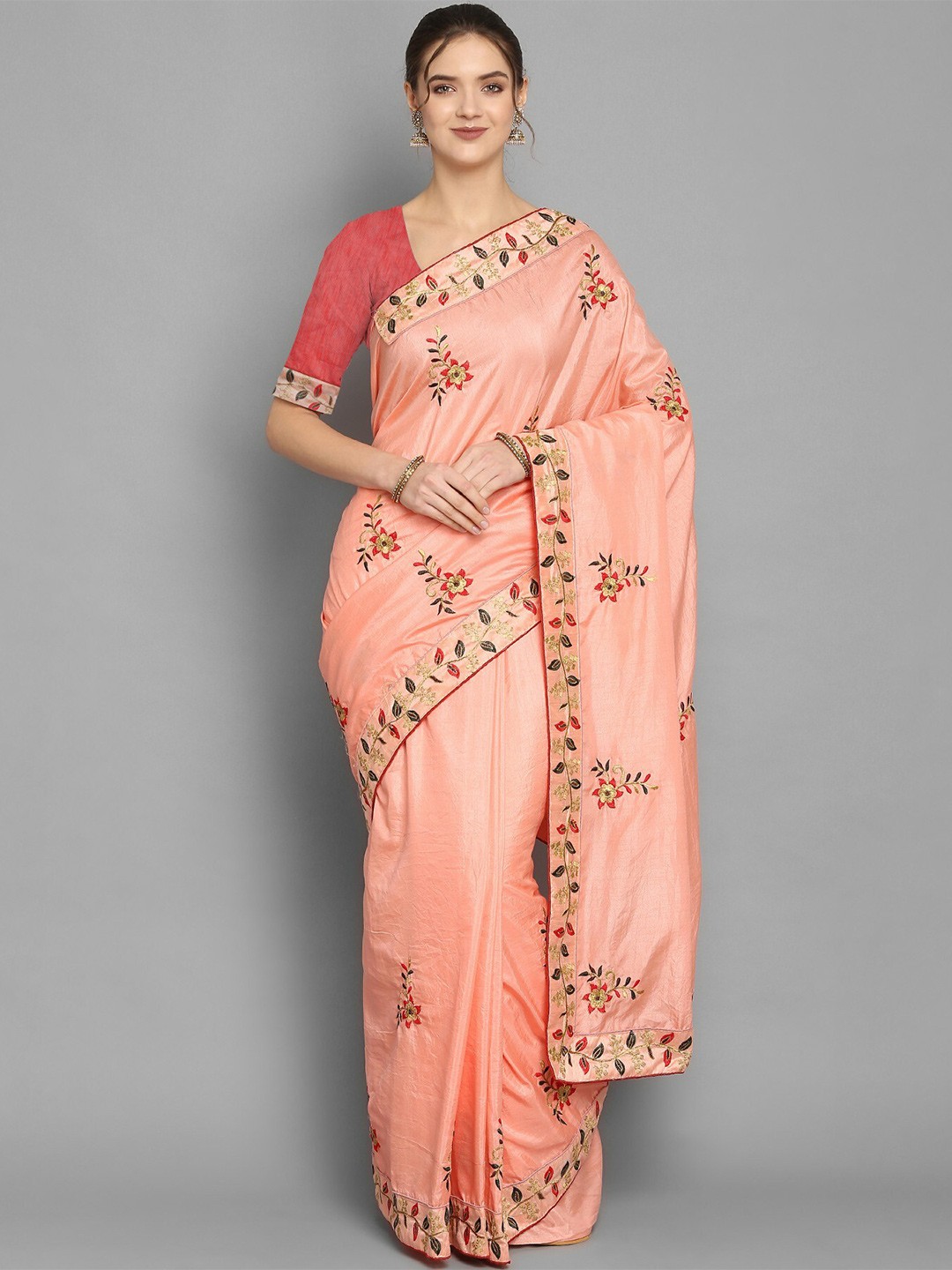 

Vrundavan ethics Floral Embroidered Art Silk Leheriya Saree, Pink