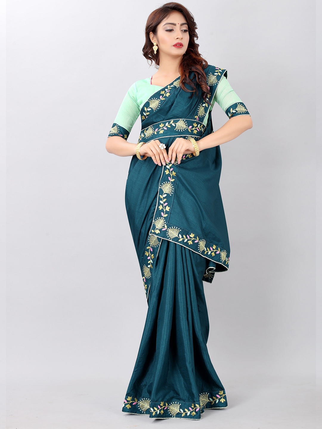 

Vrundavan ethics Embroidered Art Silk Leheriya Saree, Turquoise blue