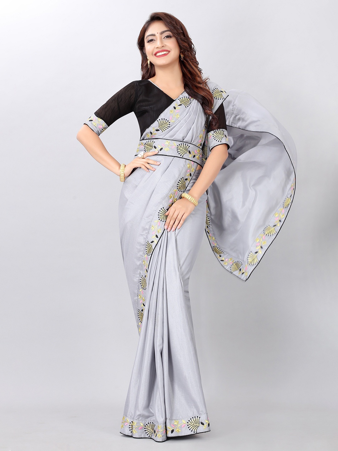 

Vrundavan ethics Embroidered Art Silk Leheriya Saree, Grey