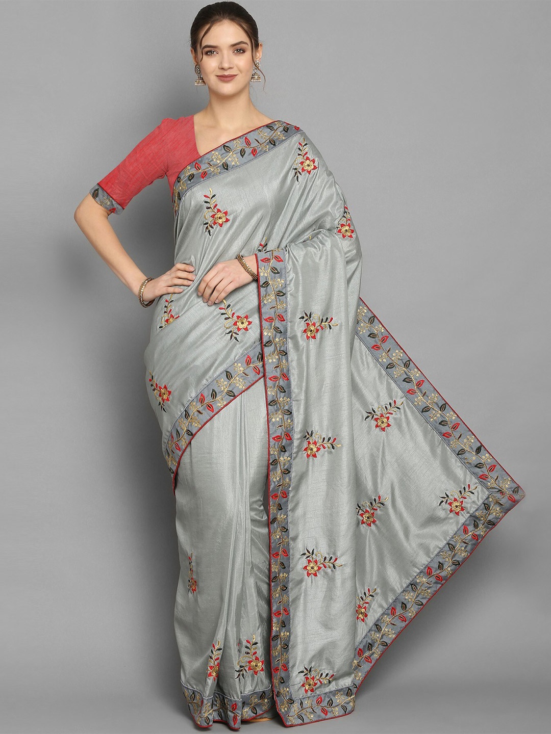 

Vrundavan ethics Floral Embroidered Art Silk Leheriya Saree, Grey