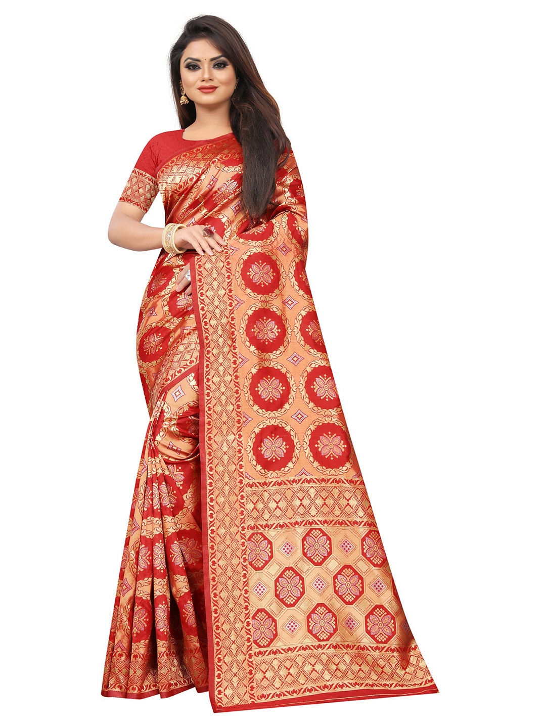 

Vrundavan ethics Woven Design Zari Paithani Saree, Red