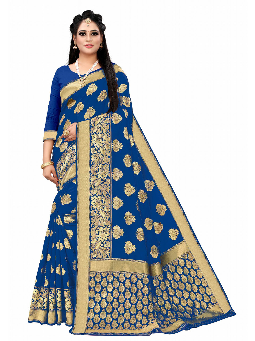 

Vrundavan ethics Ethnic Motifs Zari Banarasi Saree, Blue