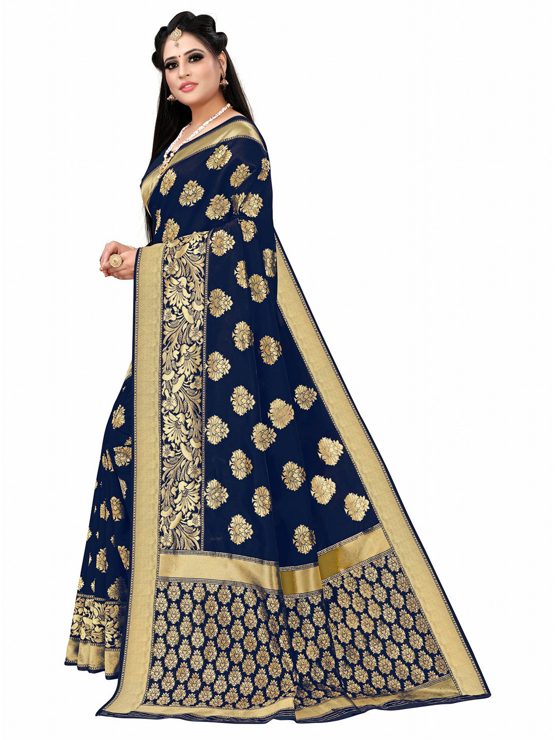 

Vrundavan ethics Ethnic Motifs Zari Kanjeevaram Saree, Navy blue