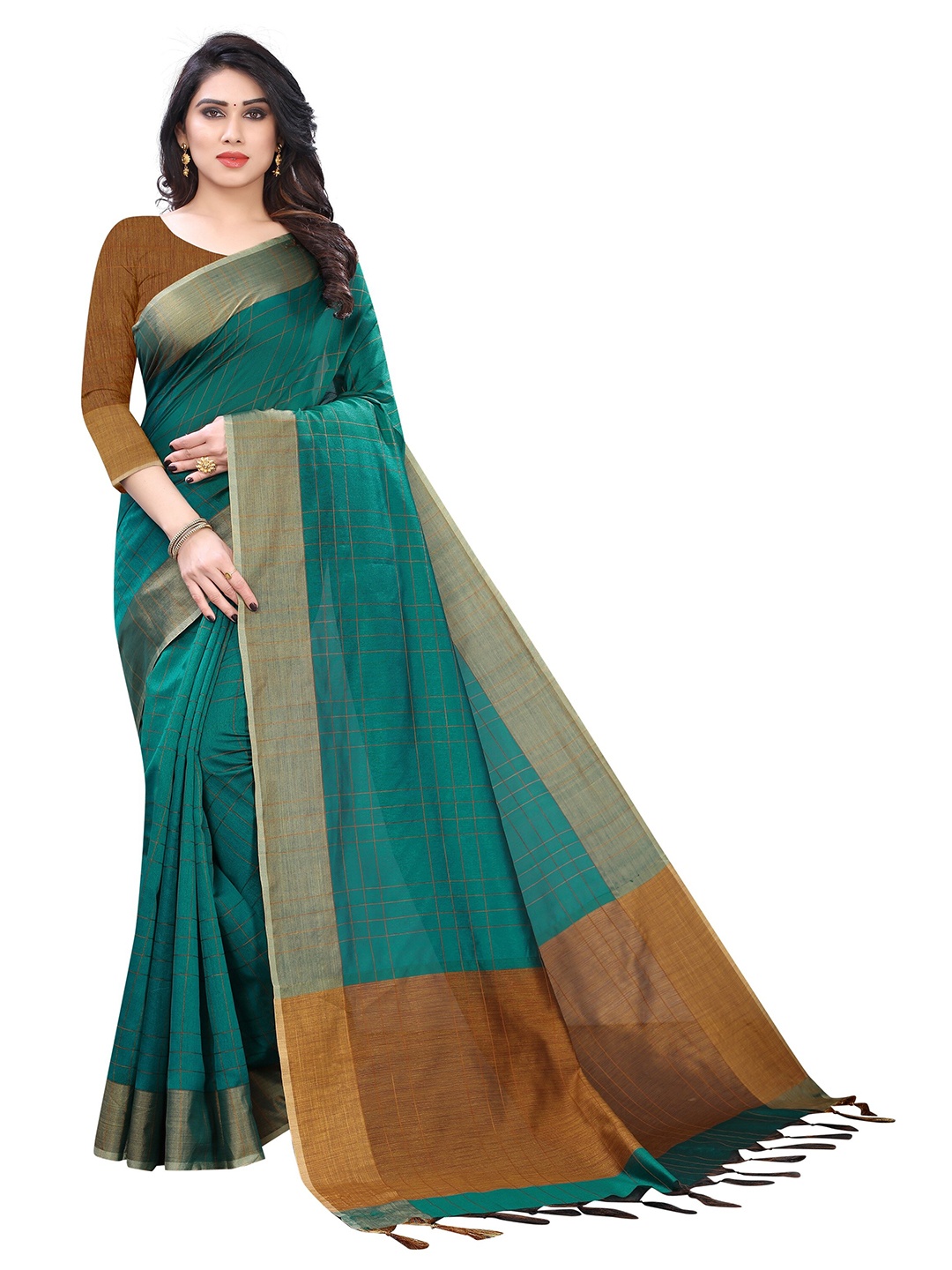 

Vrundavan ethics Checked Zari Leheriya Saree, Teal