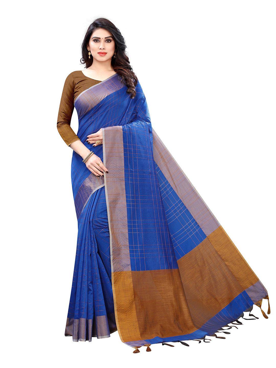 

Vrundavan ethics Checked Zari Kanjeevaram Saree, Blue