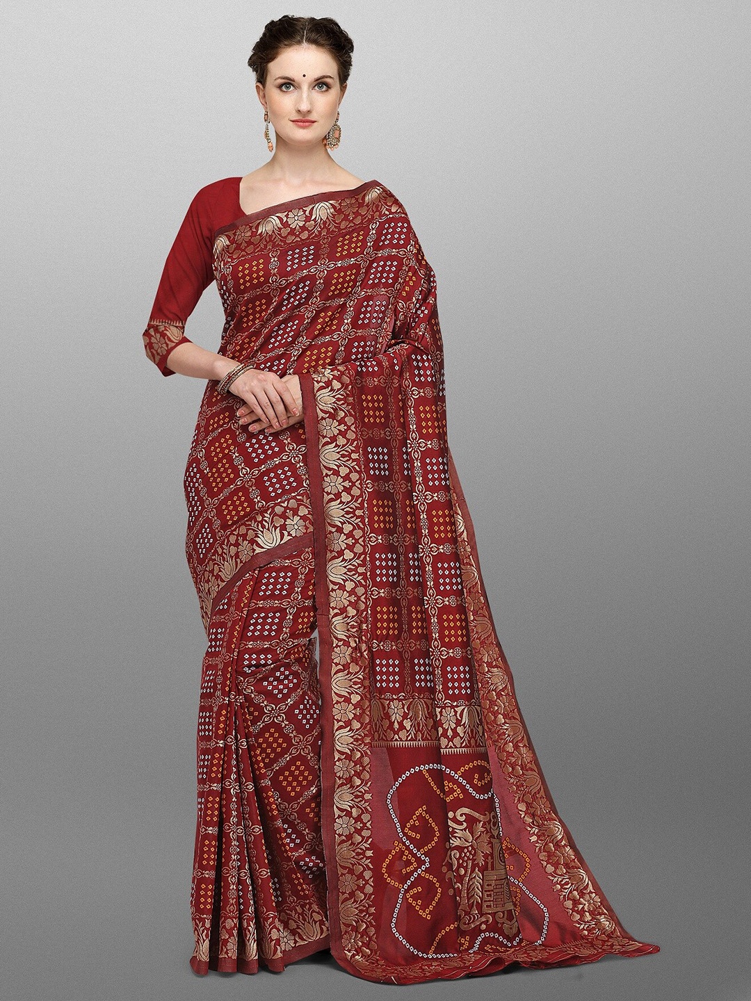 

Vrundavan ethics Woven Design Zari Art Silk Leheriya Saree, Maroon