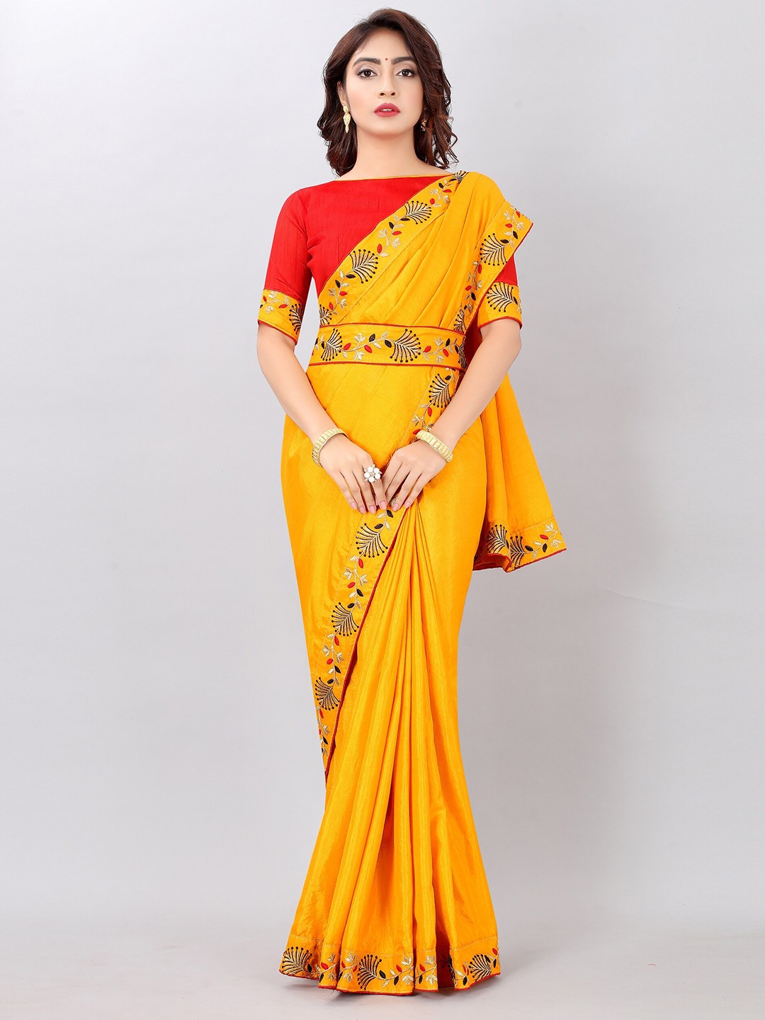 

Vrundavan ethics Floral Embroidered Art Silk Saree, Yellow