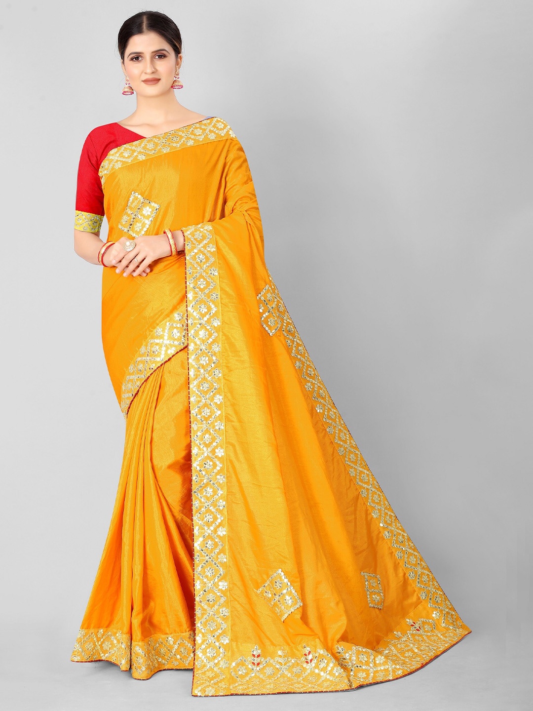 

Vrundavan ethics Embellished Mirror Work Leheriya Saree, Yellow