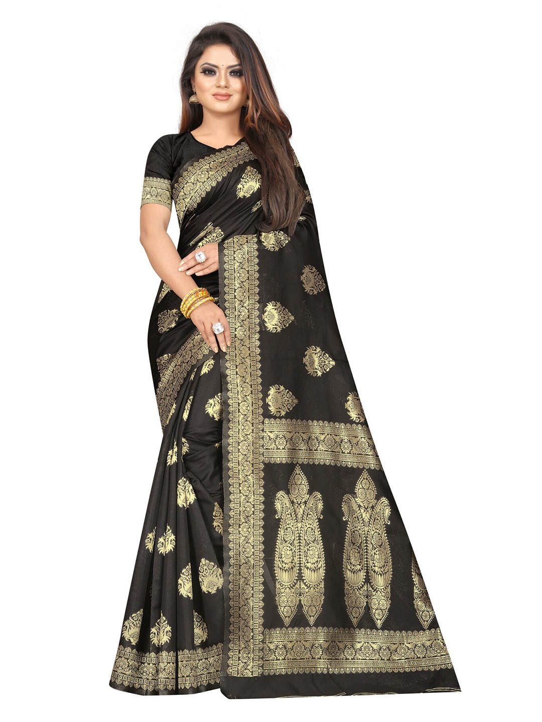 

Vrundavan ethics Ethnic Motifs Zari Art Silk Banarasi Saree, Black