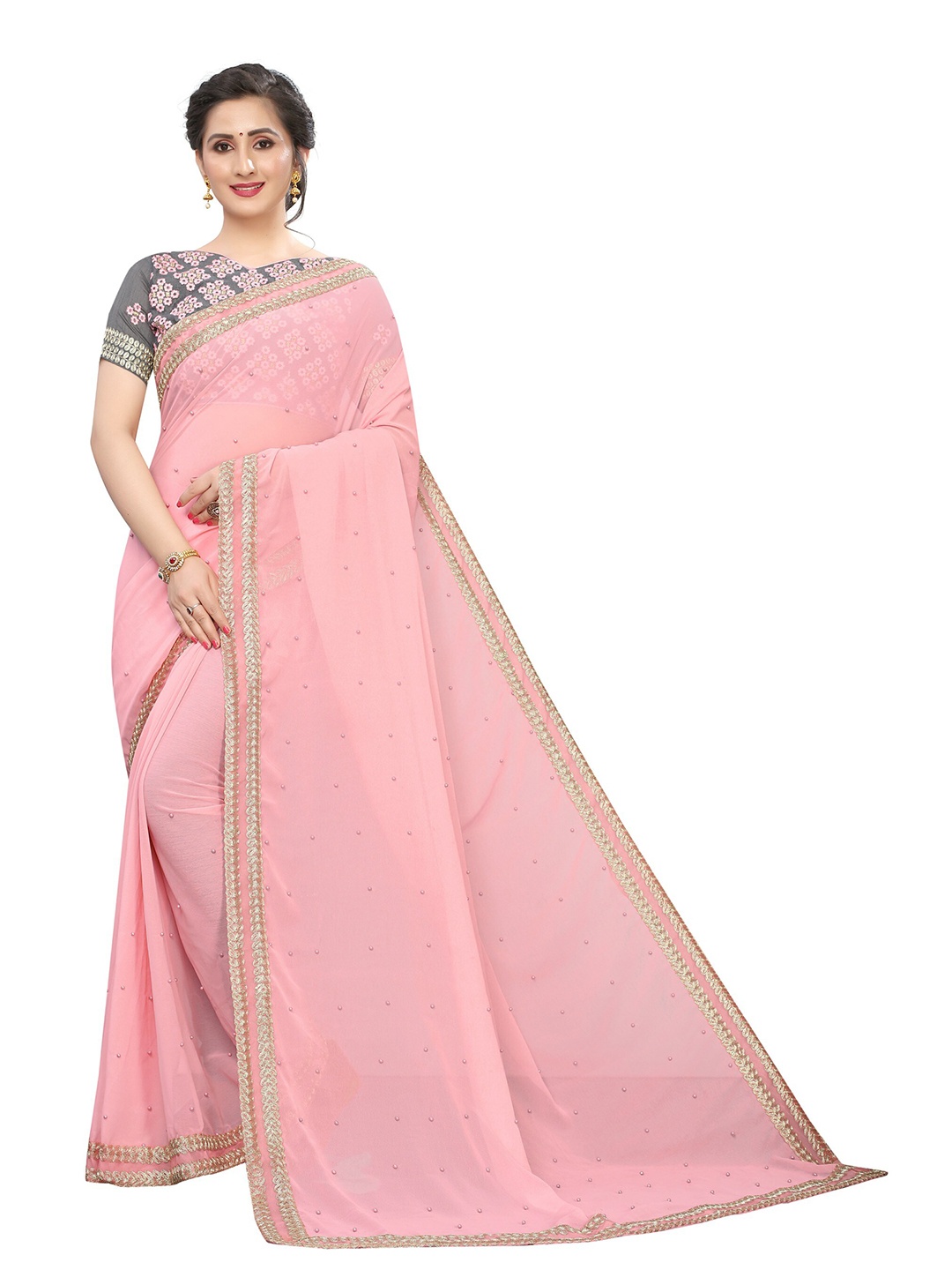 

Vrundavan ethics Embellished Beads and Stones Leheriya Saree, Pink