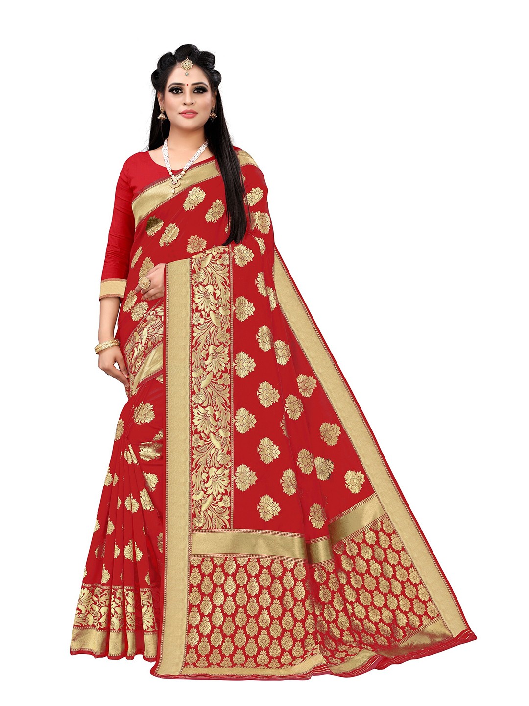 

Vrundavan ethics Woven Design Zari Zari Bordered Leheriya Saree, Red