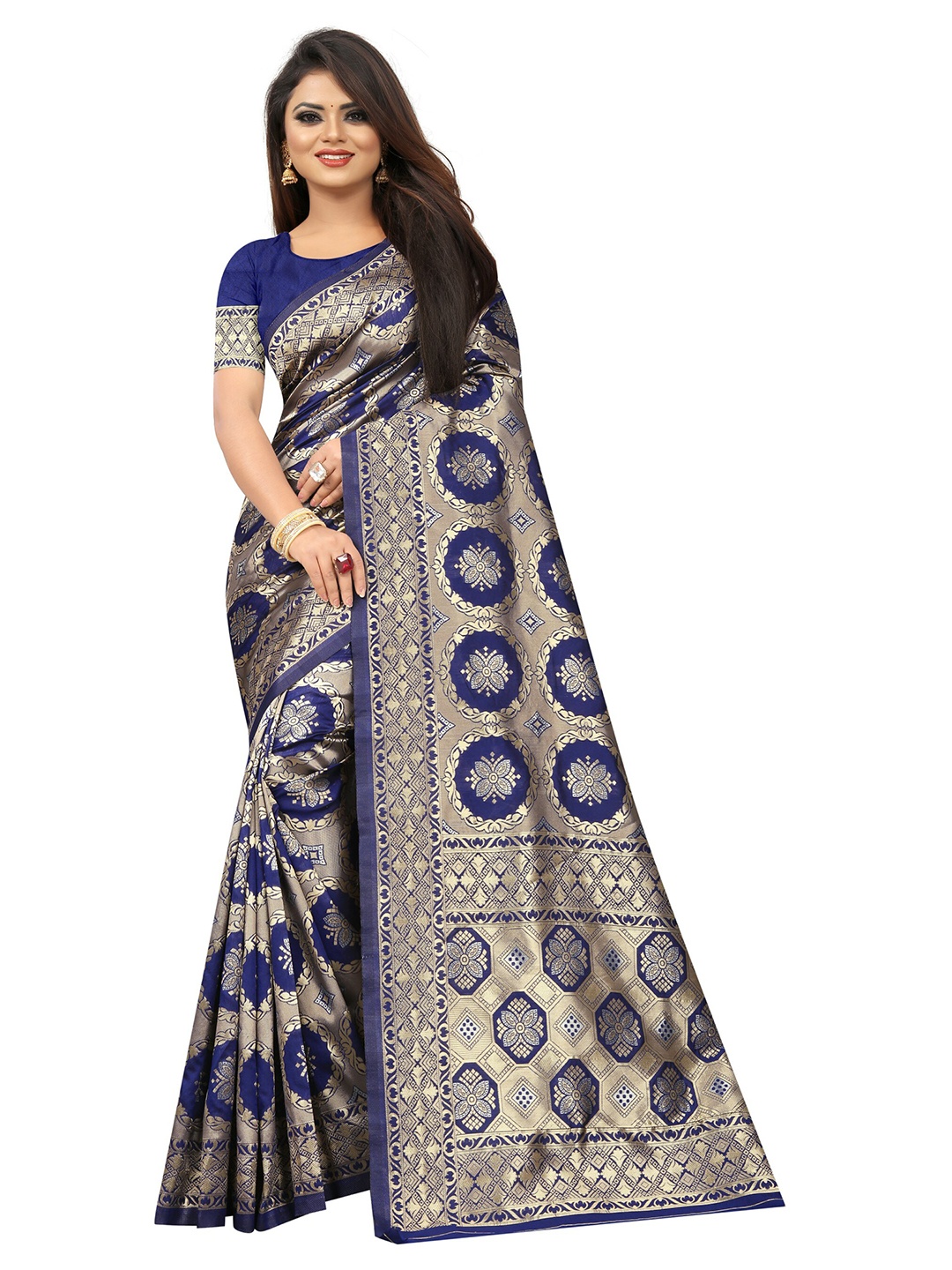 

Vrundavan ethics Woven Design Zari Bordered Kanjeevaram Saree, Navy blue