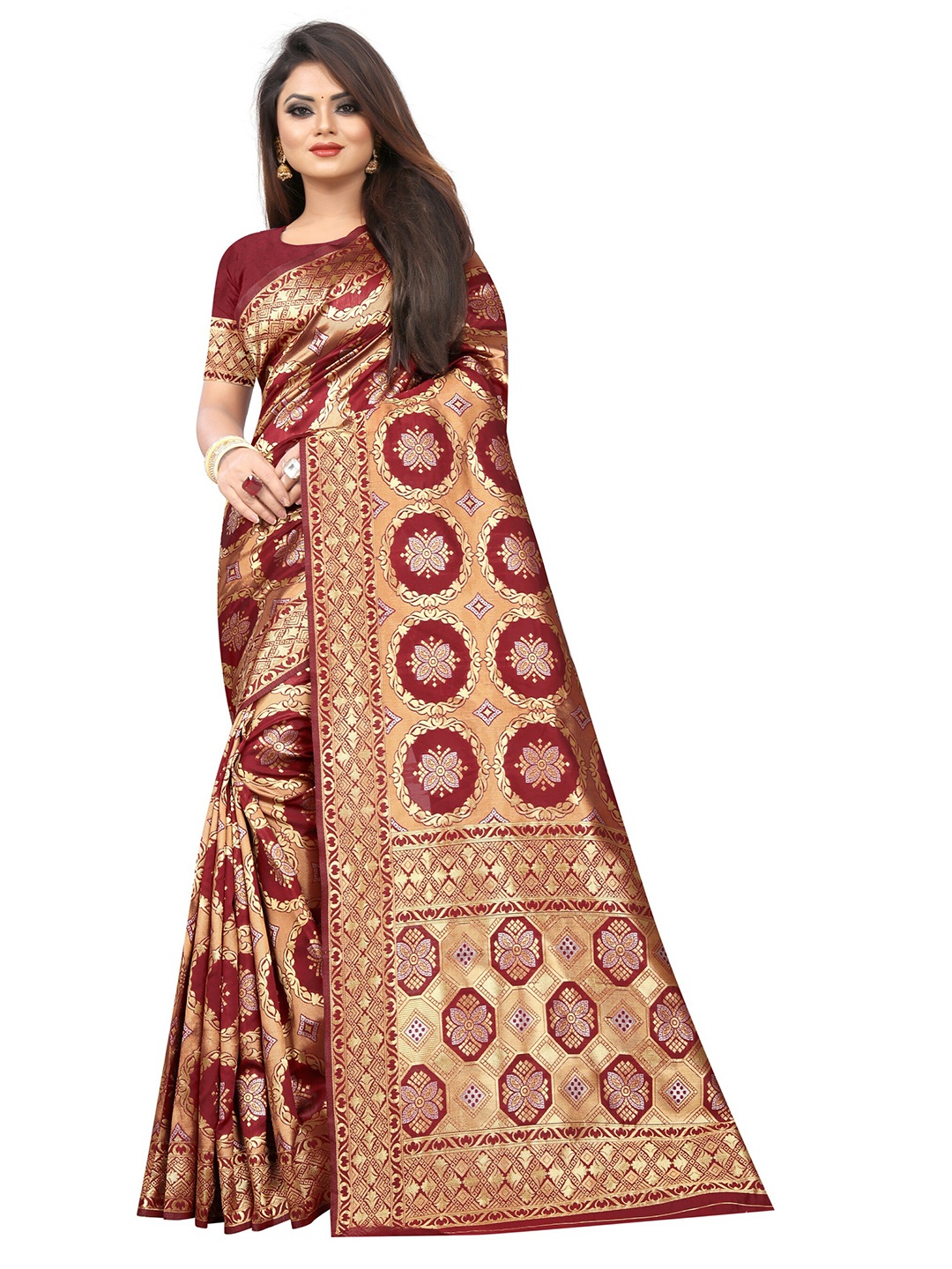 

Vrundavan ethics Woven Design Zari Bordered Art Silk Banarasi Saree, Maroon