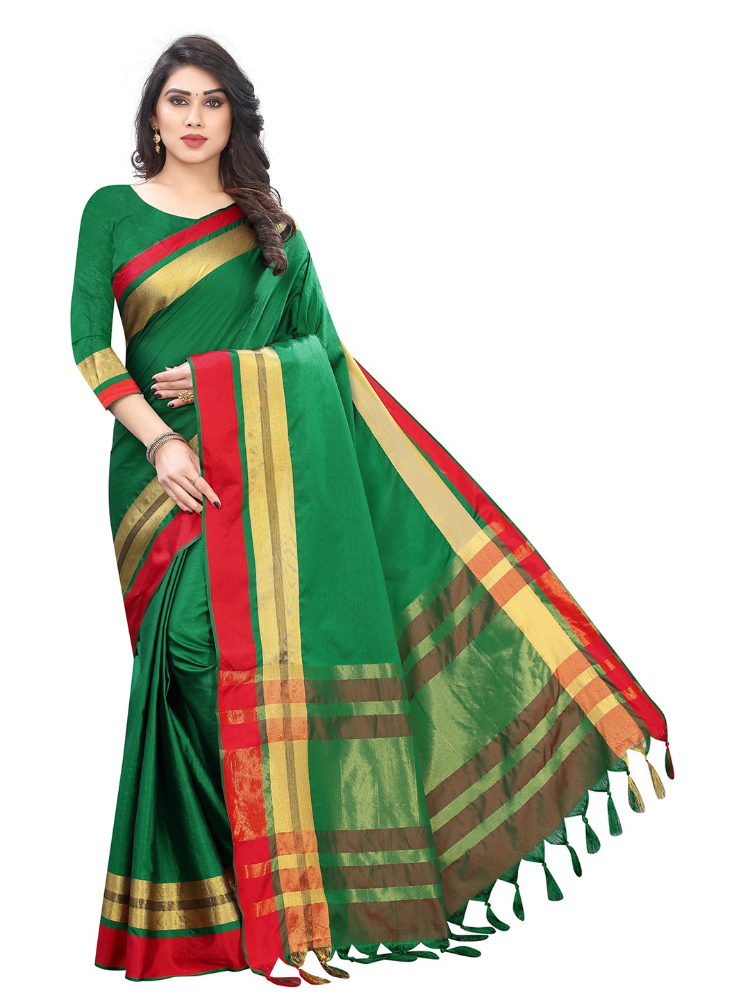 

Vrundavan ethics Zari Bordered Leheriya Saree, Green