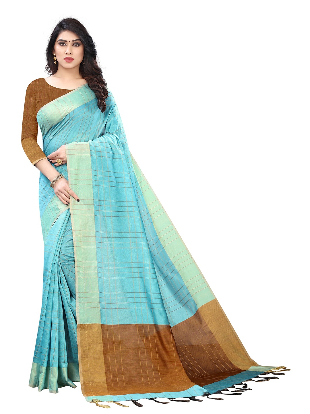 

Vrundavan ethics Checked Zari Bordered Art Silk Kanjeevaram Saree, Sea green