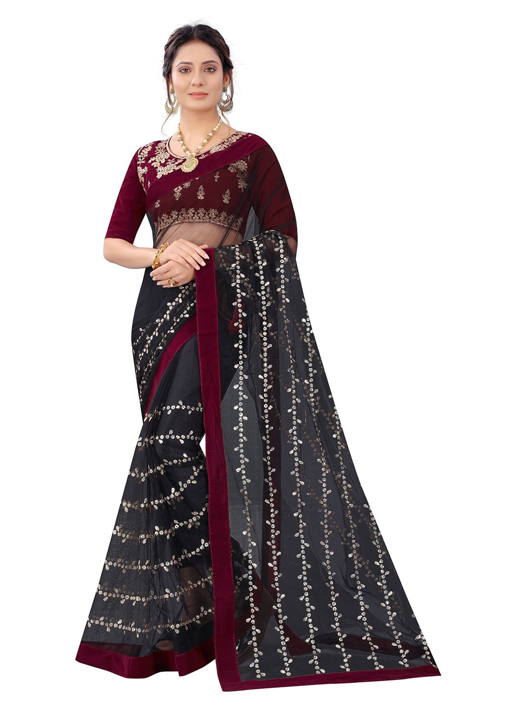 

Vrundavan ethics Embellished Sequinned Net Paithani Saree, Black