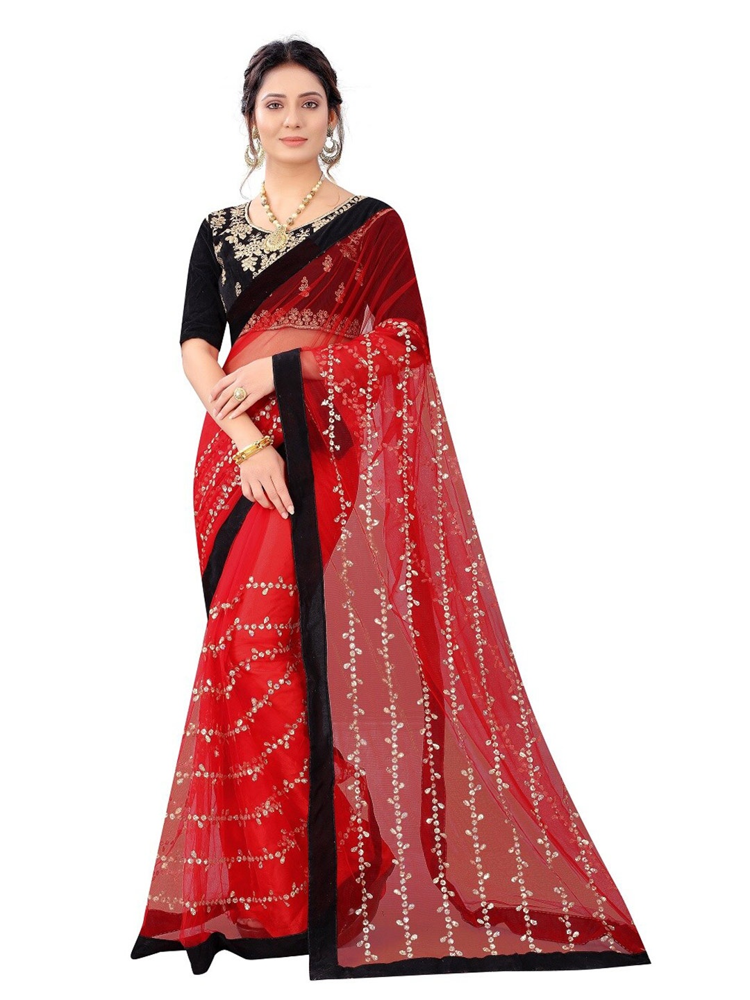 

Vrundavan ethics Embellished Sequinned Net Banarasi Saree, Red