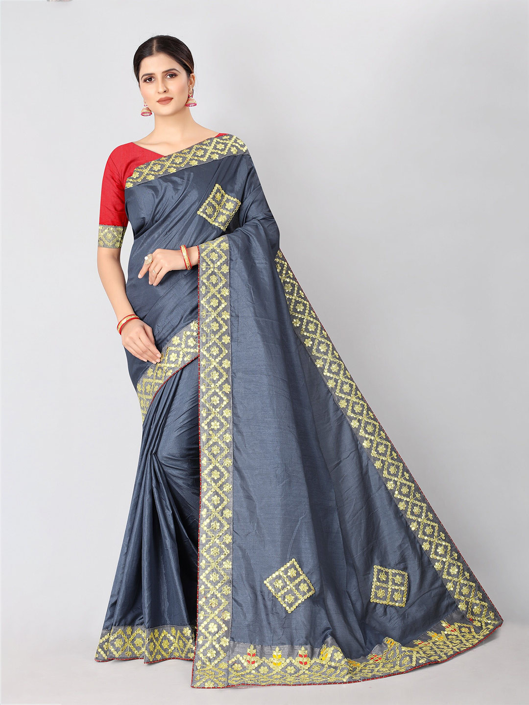 

Vrundavan ethics Embellished Sequinned Leheriya Saree, Grey