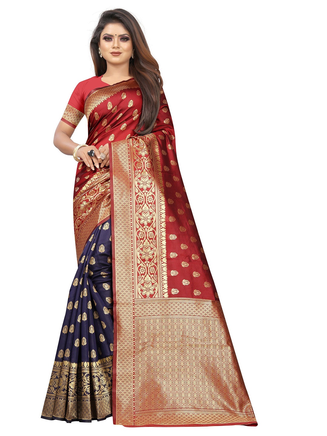 

Vrundavan ethics Woven Design Zari Bordered Art Silk Kanjeevaram Saree, Red