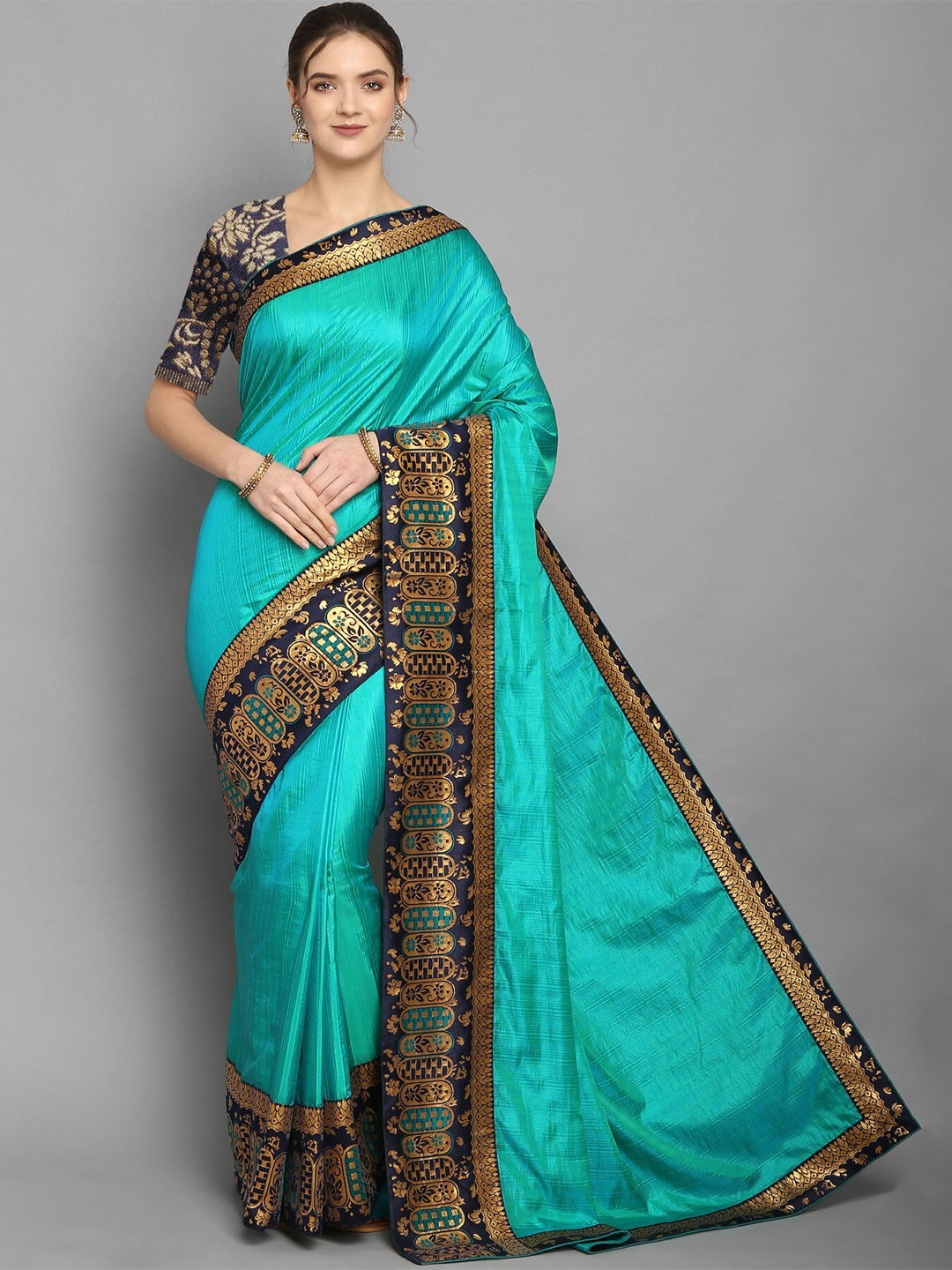 

Vrundavan ethics Zari Bordered Art Silk Leheriya Saree, Sea green