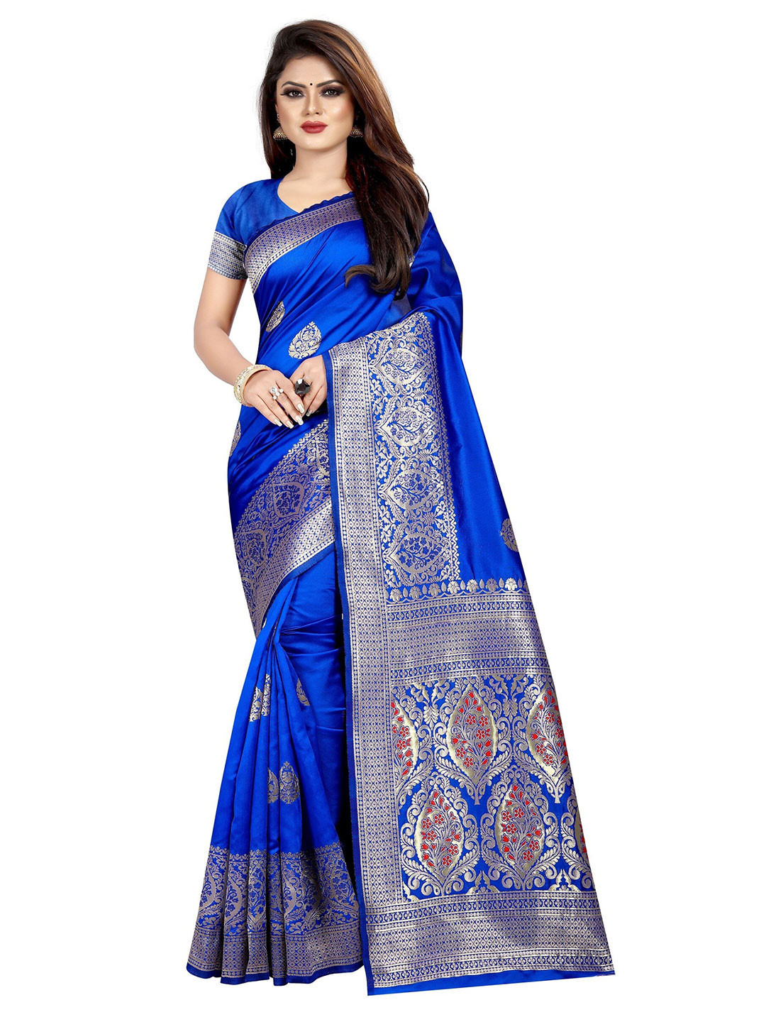 

Vrundavan ethics Woven Design Zari Bordered Art Silk Kanjeevaram Saree, Blue