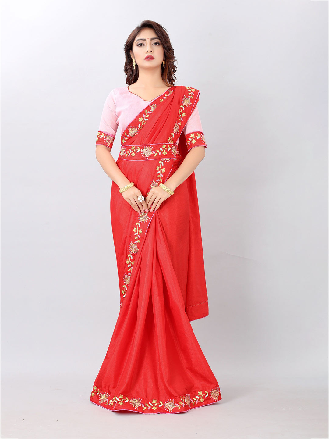 

Vrundavan ethics Embroidered Art Silk Leheriya Saree, Red