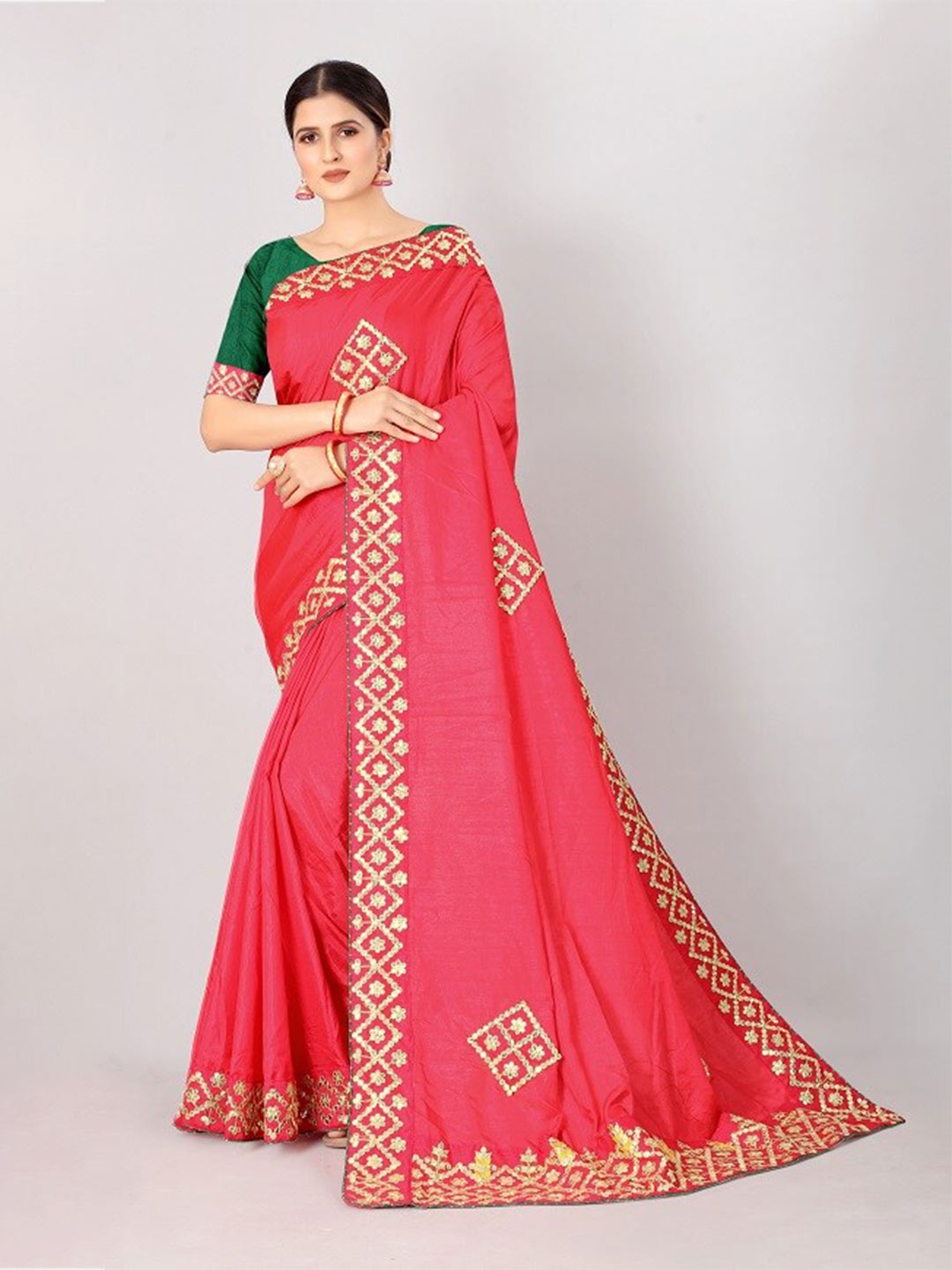 

Vrundavan ethics Embellished Sequinned Leheriya Saree, Pink