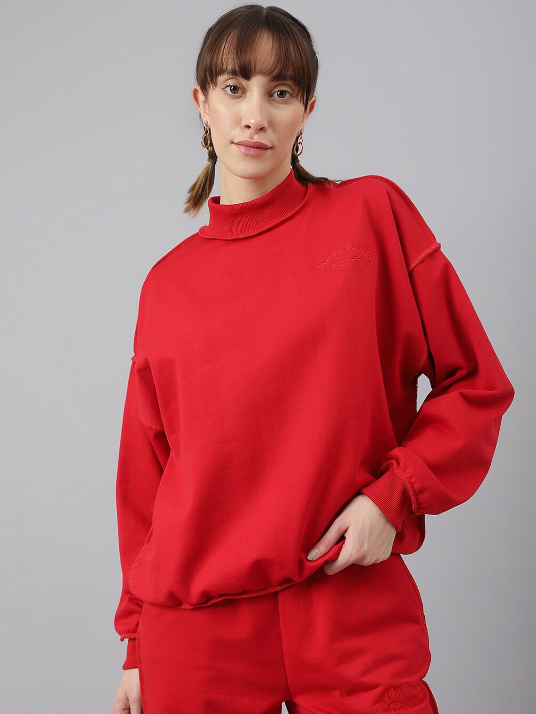 

Fitkin Women Oversized Overlock Design Tracksuit, Red