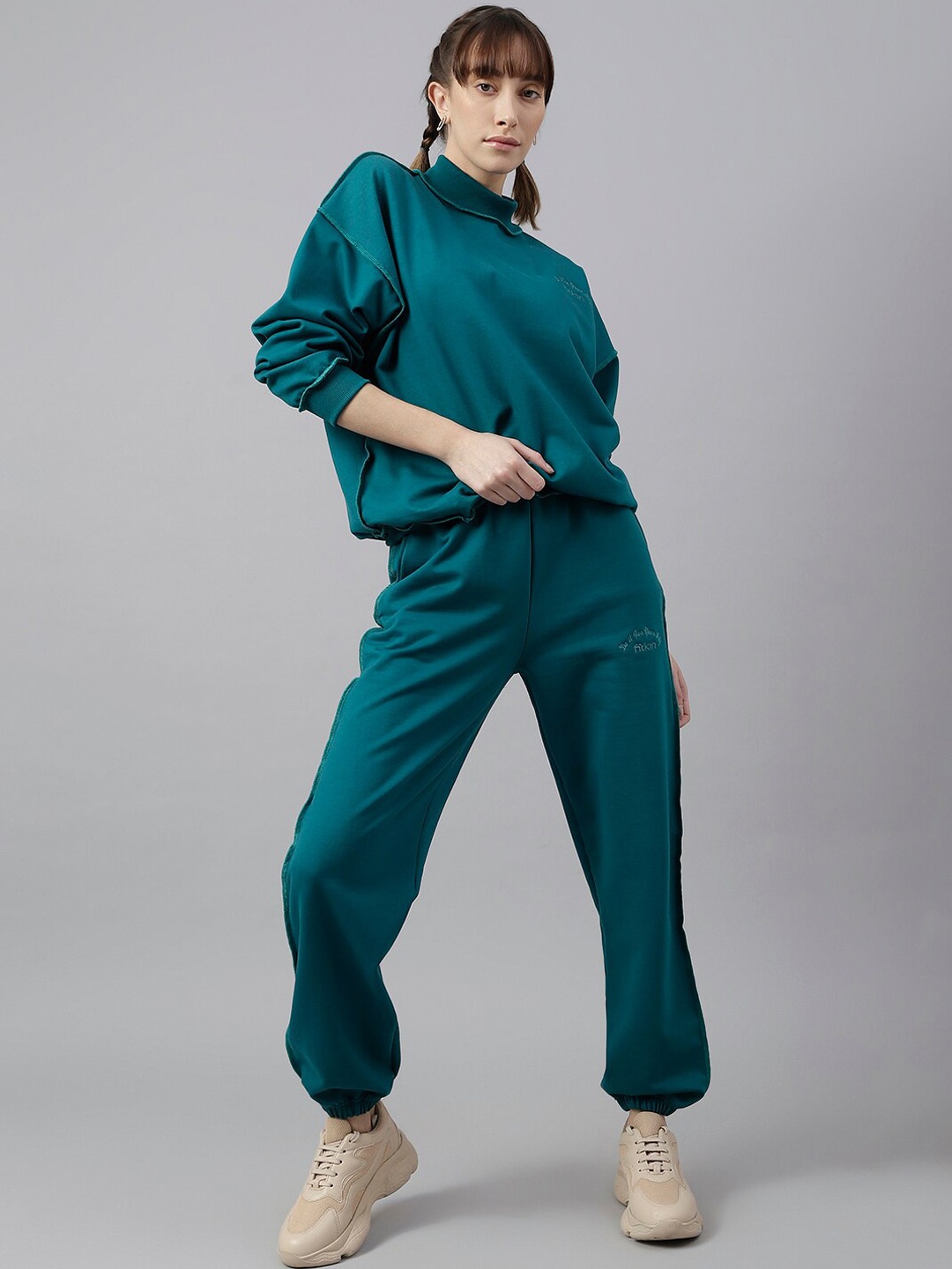 

Fitkin Women Mock Collar Oversized Overlock Design Tracksuit, Green