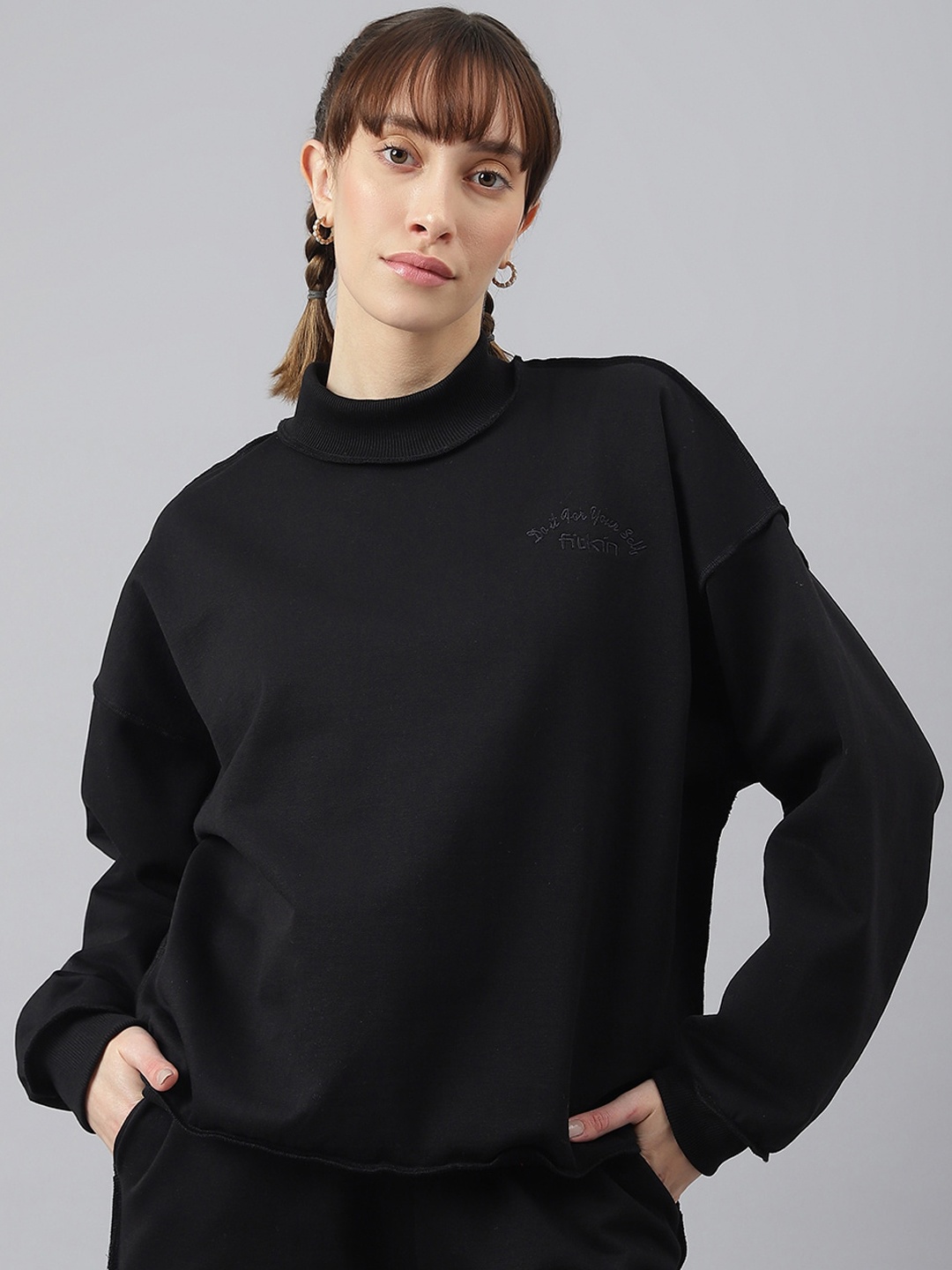 

Fitkin Women Crew Neck Oversized Overlock Design Tracksuits, Black